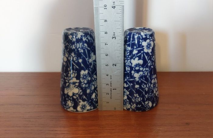 Fabulous Pair of Salt and Pepper Shakers in the Style of Burleighware "Blue Calico Pattern", but no Backstamps, Missing Stoppers