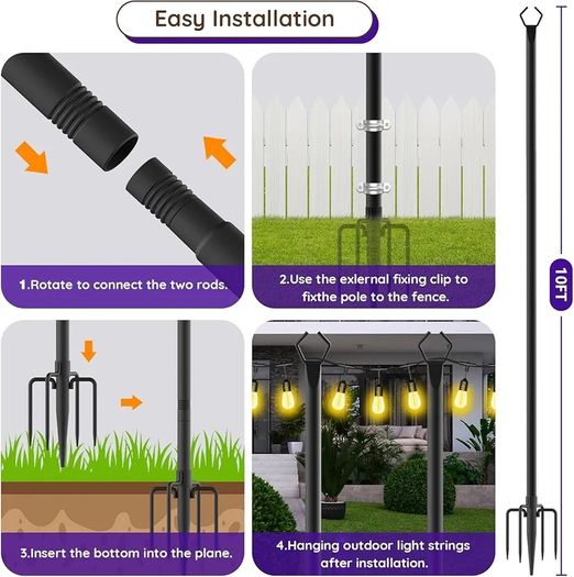 6pack 3M String Light Pole, Metal Outdoor String Light Pole, Suitable for Courtyard,Backyard,Garden,Patio,Party,Wedding Hanging Light Pole,Rustproof and Sturdy with Hooks.