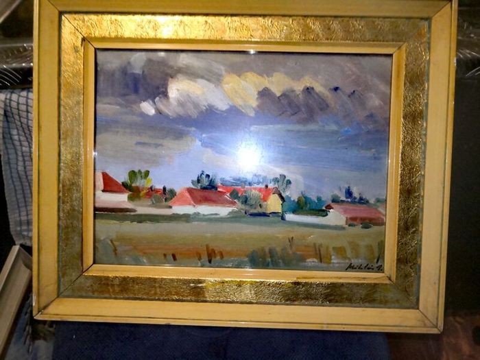 Vintage oil painting of a village