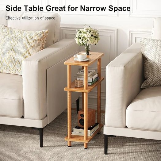 Slim Small Table, 3 Tier End Table Living Room, 40x18x61.5cm, Modern Thin Side Table for Living Room, Bedroom, Sofa, Small Nightstand with Magazine Rack, Save Space, Nature
