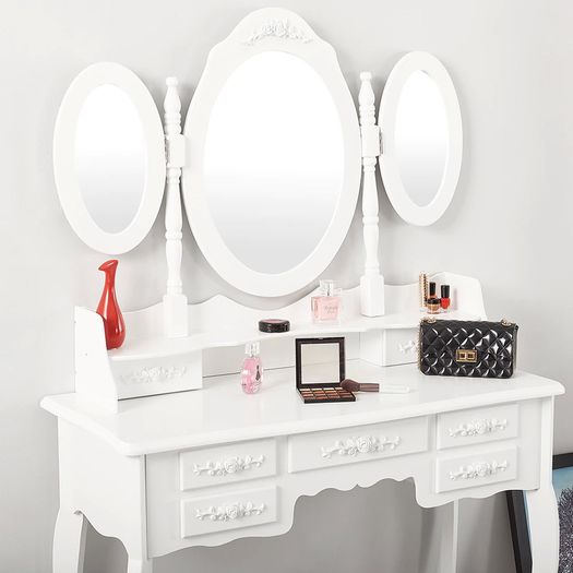 BRAND NEW 7 Drawers Retro Carved Dressing Table With Stool,Tri-Fold,Adjustable Makeup Mirrors,Europe Style Bedroom Furniture