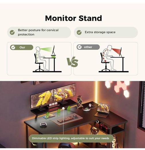 Small L-Shaped Desk with LED, 120x70cm Computer Desk with Monitor Stand