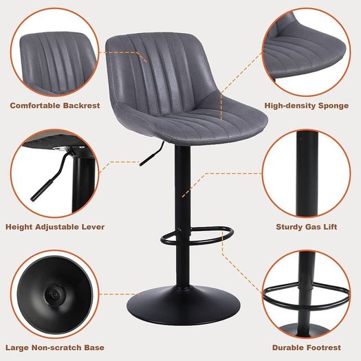 NEW SALE | Bar Stools Set of 2, Swivel Counter Height Barstools with Back, Adjustable PU Leather Bar Stool, Modern Kitchen Breakfast Bar Stools, Dark Grey