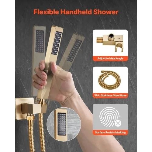 Shower Faucet Set, Rainfall Bathroom Shower System with 10-Inch (25.4cm) Square Rain Shower Head and Handheld Spray, Wall Mounted Bath Fixtures with Brass Valve and Trim Kit, Brushed Gold