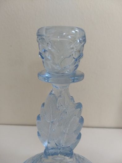 Lovely Pair of Vintage Pressed Glass Candlesticks in Pale Blue Glass with Leaves Motifs, Excellent Condition