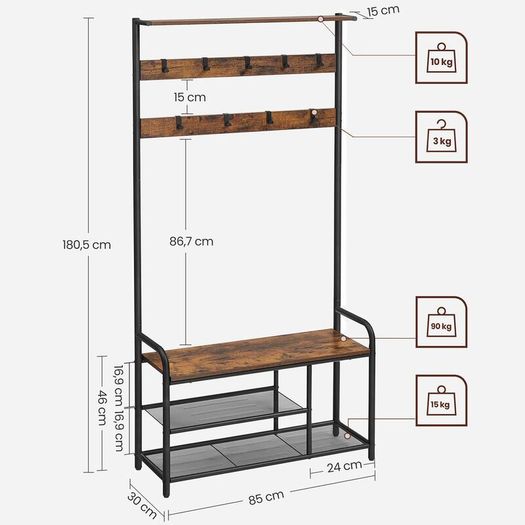Hallway Coat Rack with Bench & Shoe Storage 9 Hooks Industrial Coat Stand