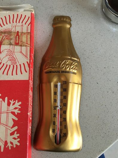 Coca Cola 1950's Gold Metal Thermometer with box