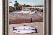 Paul MacCormaic Original Painting - Salmon fishing at Galway Weir