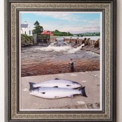 Paul MacCormaic Original Painting - Salmon fishing at Galway Weir