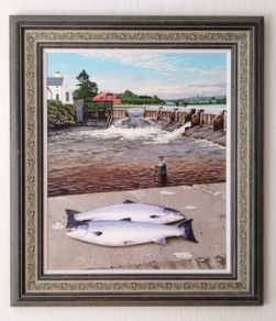 Paul MacCormaic Original Painting - Salmon fishing at Galway Weir
