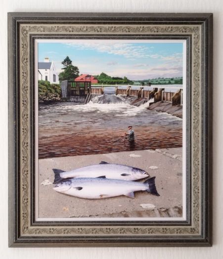 PRICE DROP - Painting by Paul MacCormaic 1998 - Salmon fishing by Galway Weir