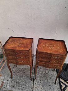 Matching pair of antique French Louis XV style nightstand or bedside tables.