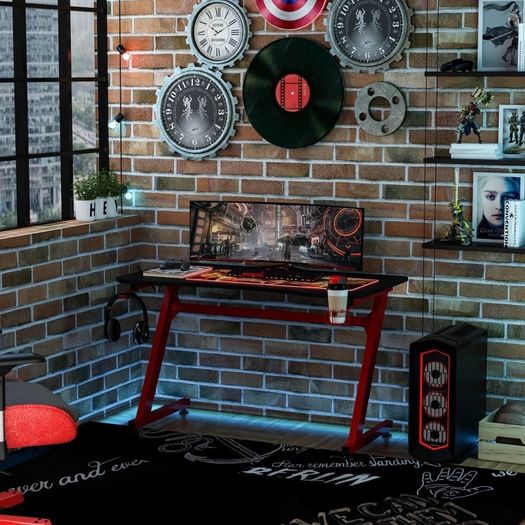 Gaming Desk Steel Frame w/ Cup Headphone Holder Adjustable Feet Red (FREE POSTAGE)