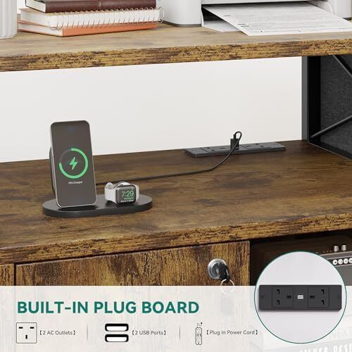Wooden Printer Stand With Power Outlets, Industrial Storage Cabinet, Print Stand Filing Cabinets with Key, Wooden Sideboard with Open Shelf, Brown