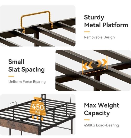 Double Bed Frame with Charging Station(2AC, 2USB) and LED, 135x190 Open Storage Shelves, Wooden Headboard, Metal Small Double Bed Frame with Underbed Storage, Strong Metal Slat Support