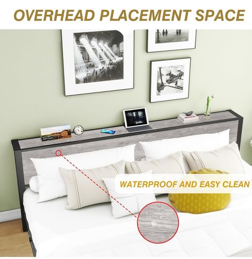 King Size Bed Frame with Storage Wooden Headboard