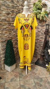 Yellow Egyptian sequinned embellished maxi kaftan