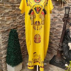 Yellow Egyptian sequinned embellished maxi kaftan