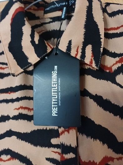 Pretty Little  Thing Camel Tiger Short Sleeved Midi Shirt Dress. S.10.  B.N.W.T