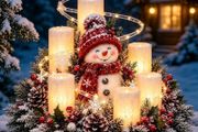 Snowman Christmas Table Centrepiece, Flameless LED Candles, Wreath Christmas candelabra centrepiece: flameless LED candles and pine wreath; battery operated for table, mantel or hallway