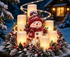 Snowman Christmas Table Centrepiece, Flameless LED Candles, Wreath Christmas candelabra centrepiece: flameless LED candles and pine wreath; battery operated for table, mantel or hallway