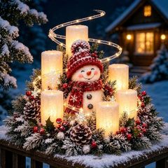 Snowman Christmas Table Centrepiece, Flameless LED Candles, Wreath Christmas candelabra centrepiece: flameless LED candles and pine wreath; battery operated for table, mantel or hallway