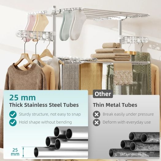 4-Layer Folding Cloth Rail, Adjustable Garment Rack with Wheels for Bedroom, Balcony, Silver