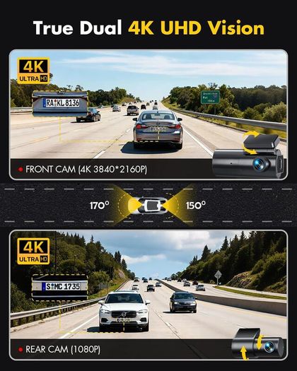 GKU 4K Dash Cam Front and Rear, 5GHz WiFi Dashcam with 64GB SD Card, Dual Car Camera Dash Cam with Parking Monitor, Night Vision, WDR, 170 Wide Angle, G-Sensor, Loop Recording, APP Control, Max 256GB