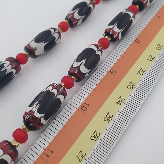 Antique Venetian Style Black Trade & Red Venetian Whiteheart Glass Beads Necklace