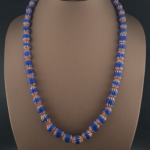 Antique Venetian Style Blue Chevron Glass Beads Necklace Strands