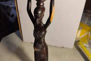 African Wood Sculpture of Woman pregnant Carrying Basket on her Head. East African Art Statue. Traditional Hand-Carved Figurine