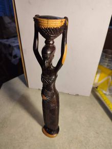 African Wood Sculpture of Woman pregnant Carrying Basket on her Head. East African Art Statue. Traditional Hand-Carved Figurine