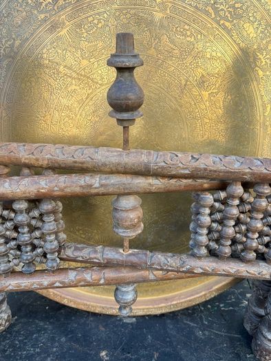 vintage Handcrafted Moroccan Brass Tray Table: Foldable Wooden Stand