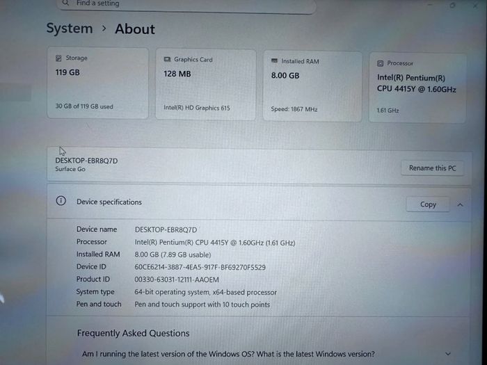 Microsoft Surface Go Tablet LTE SIM Slot 1825 Pentium 4415Y 8GB RAM 128GB SSD + Keyboard, Screen Protector Win 11 Pro