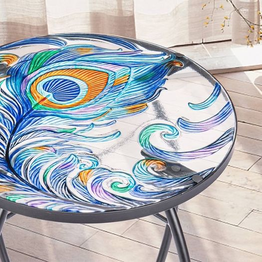 FREE P&P | Outdoor Side Table Small Outdoor Table, 14 inch Round Patio Side Table End Table, Peacock Feather Glass Plant Stand for Garden Patio Living Room