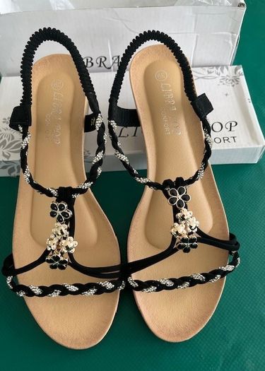 SANDALS. Libra Pop brand- Embellished With Black, Gold & Silver charms. Ultra Comfortable. Size Uk 6 Eu 39 Purchased In Toulouse. Brand New In Box.