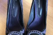 designer bourne stilettos purple tweed peep toe with black rhinestones and patent detail