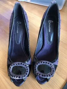 designer bourne stilettos purple tweed peep toe with black rhinestones and patent detail