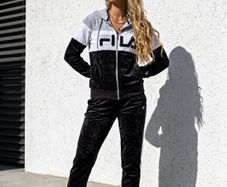 Fila Velour Zip Hoodie Womens Large Black Grey White Full Zip Tracksuit Top Y2K