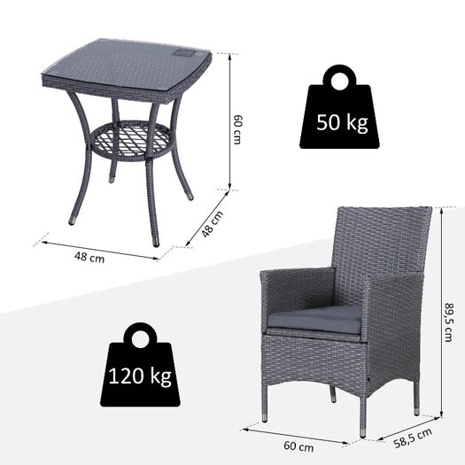 3PC Rattan Bistro Set 2 Armchair Glass Top Coffee Table Wicker Weave Furniture for Garden Outdoor Balcony Patio