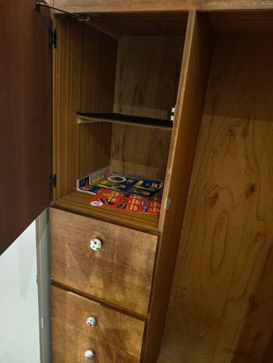 Vintage Wooden Wardrobe / Armoire with Mirror, Drawers & Decorative Knobs