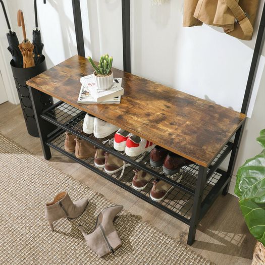 New XXL Metal Hall Tree Coat Rack with Shoe Bench + Grid Wall - FREE P&P