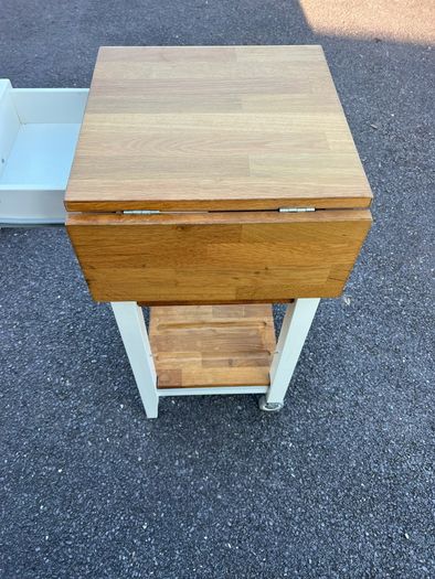 Solid Wood Drop-Leaf Side Table / Kitchen Trolley with Drawer & Shelves