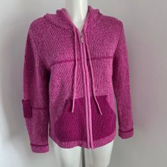 As new. Very Unusual Nua Merino Wool/Silk Mix Zipped Cardigan in Wine and Pink. Size M (8-12)