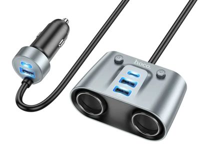 Hoco Car Charging outlet splitter. 2 x Power Outlet. 2 x USB-C. 3 x USB. 30W PD + QC3.0. Max combined output 147W. Z51