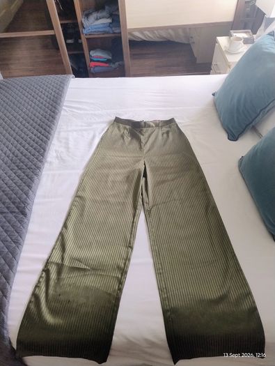 Skylar Rose Olive Green Satin Striped Wide-Leg Trousers ]