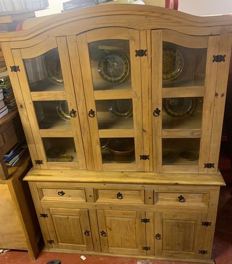Glass Front Pine Dresser In VG Condition Height 202cm Width 153cm Depth 48cm