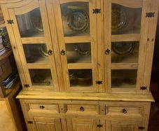 Glass Front Pine Dresser In VG Condition Height 202cm Width 153cm Depth 48cm