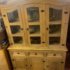 Glass Front Pine Dresser In VG Condition Height 202cm Width 153cm Depth 48cm