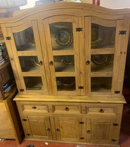 Glass Front Pine Dresser In VG Condition Height 202cm Width 153cm Depth 48cm